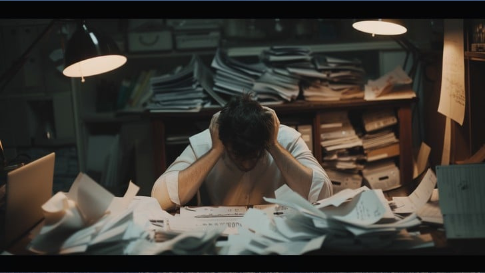 Fishery manager feeling overwhelmed surrounded by paperwork